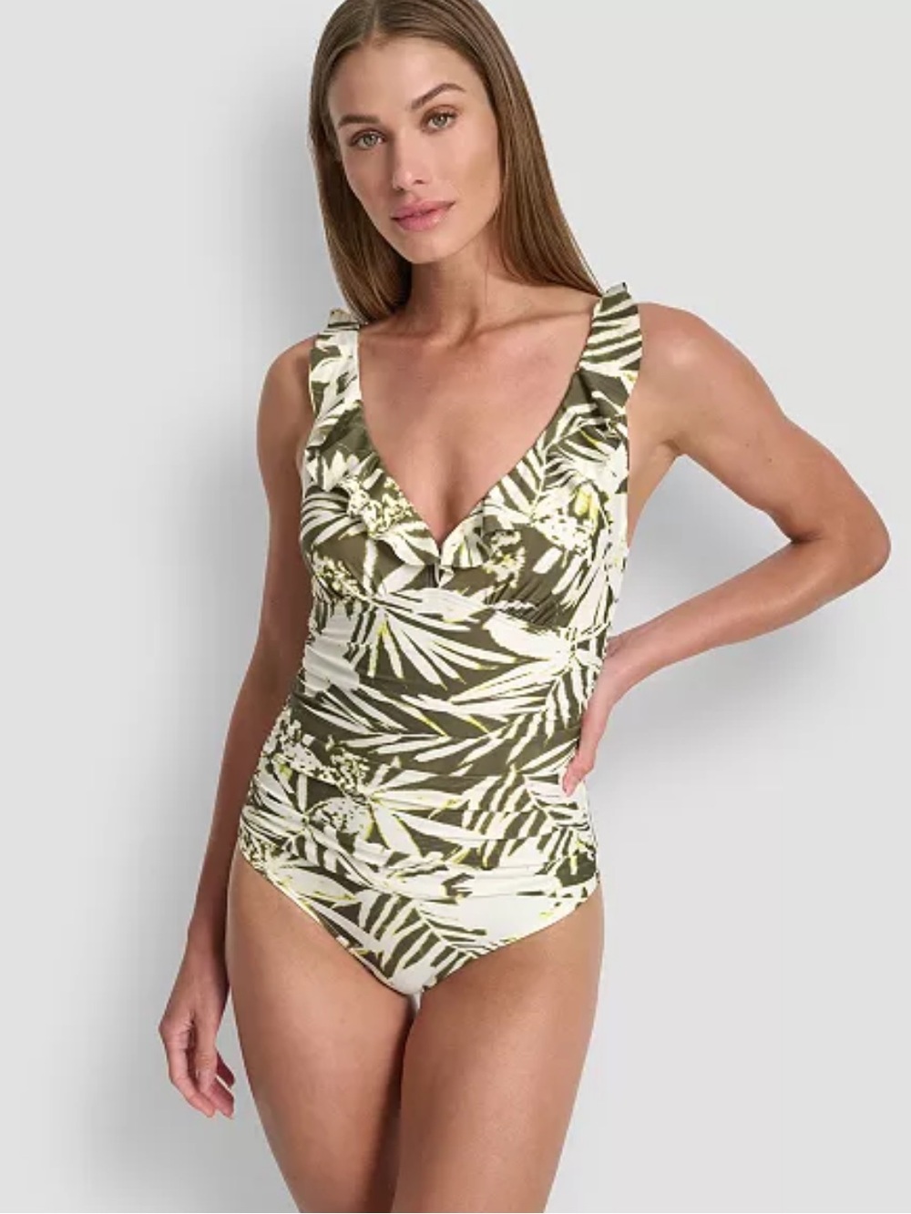DKNY Ruffled Plunge One Piece Swimsuit